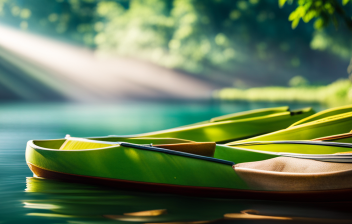 An image showcasing a serene riverbank nestled amidst lush greenery, with a vibrant array of canoes lined up neatly nearby