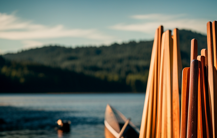 An image showcasing a vibrant display of canoe paddles in various lengths and materials, neatly arranged on a rustic wooden rack against a backdrop of serene, glistening water, inviting readers to discover the best places to purchase them