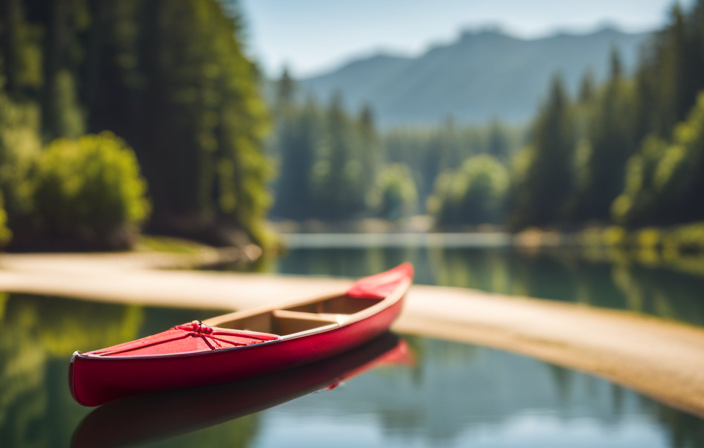 An image of a serene riverside, with a vibrant red canoe gracefully gliding through the crystal-clear water