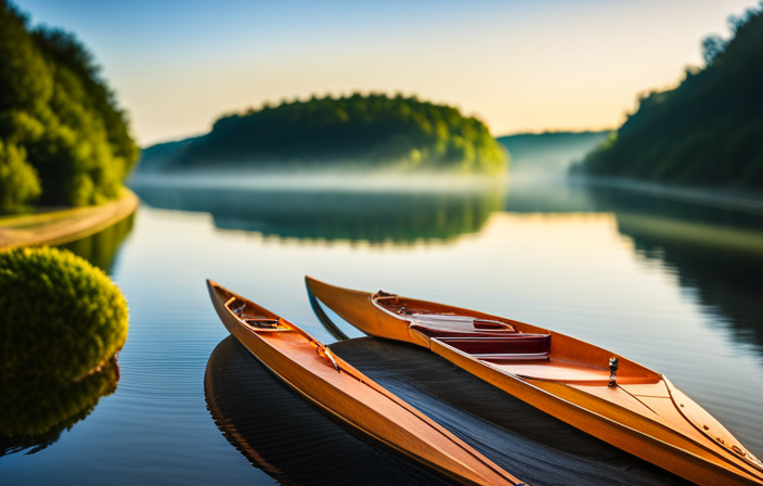 An image showcasing the serene beauty of Arkansas's waterways, capturing a river framed by lush green forests, dotted with canoes gliding peacefully along the tranquil current under a clear blue sky