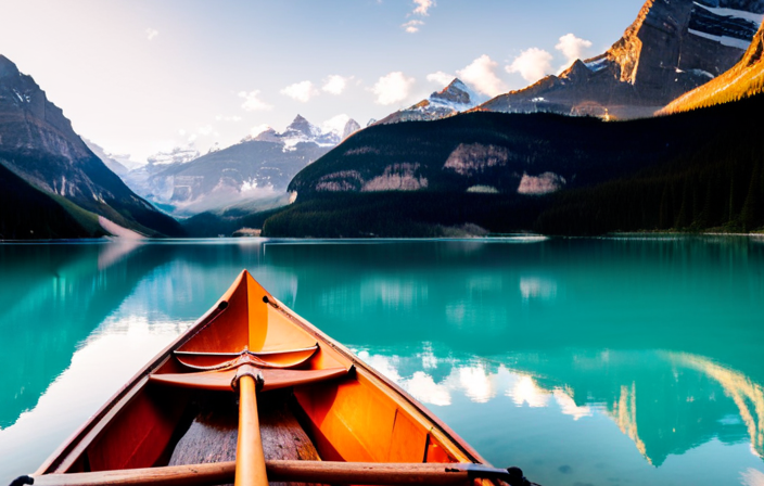 An image that showcases the stunning turquoise waters of Lake Louise surrounded by towering snow-capped mountains, with a lone canoe gliding peacefully across the pristine glass-like surface, inviting readers to discover the enchanting canoeing experiences in Banff