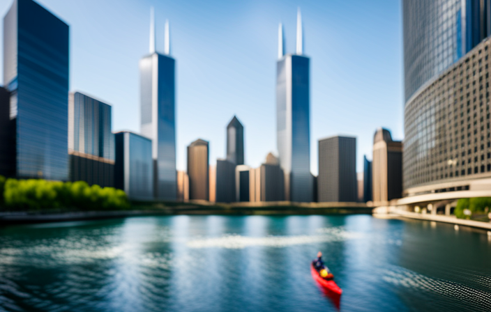 An image showcasing the serene beauty of the Chicago River, with a lone canoe gliding through its shimmering waters, framed by the iconic city skyline adorned with towering skyscrapers and lush greenery lining the riverbanks