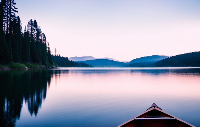 An image showcasing the serene beauty of Oregon's waterways, with a lone canoe gliding through the crystal-clear waters of a pristine lake surrounded by towering evergreen forests and snow-capped mountains in the backdrop