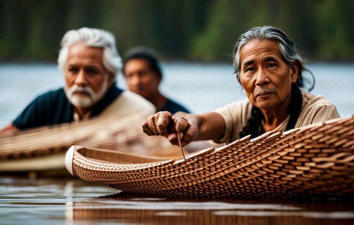 An image showcasing a skilled group of Native American artisans, meticulously crafting a birch bark canoe