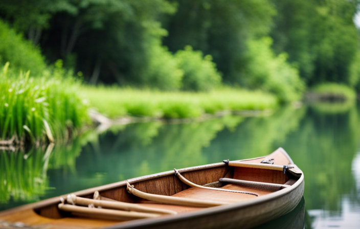 An image showcasing a serene river surrounded by lush greenery, where a canoe with a visibly damaged bow floats