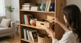 Her 4 Simple Tips Transformed My Cluttered Built-in Bookshelf Into An Organized One
