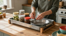 Woman Uses A Pizza Pan To Create Countertop Storage With A Unique Dollar Tree DIY