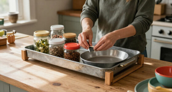 Woman Uses A Pizza Pan To Create Countertop Storage With A Unique Dollar Tree DIY