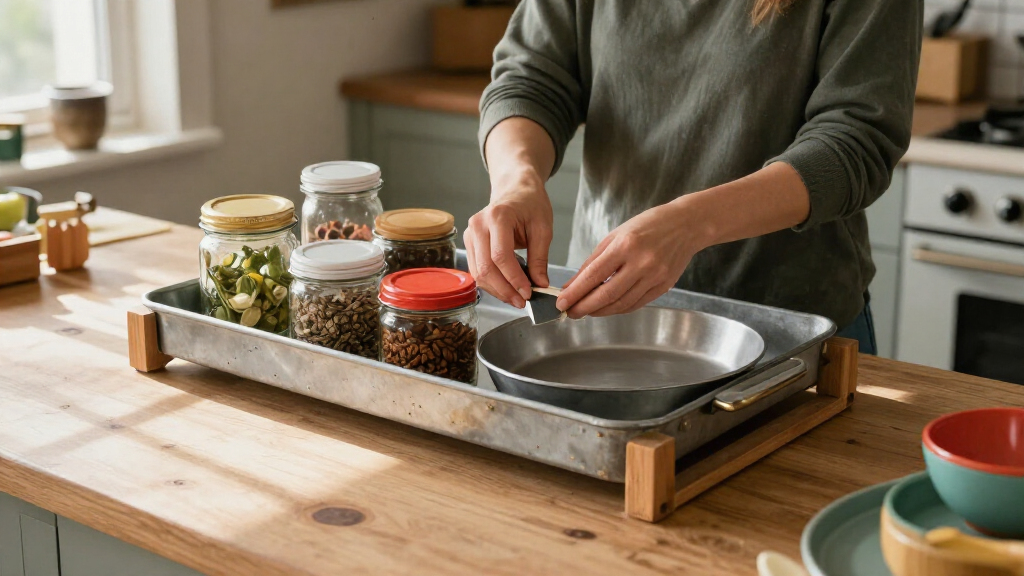 Woman Uses A Pizza Pan To Create Countertop Storage With A Unique Dollar Tree DIY
